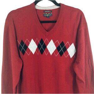 Merino Wool Sweater Men's XL Argyle V Neck Long Sleeve Maroon Preppy